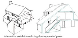 3D sketches showing alternative designs for an extension to a house in Frome 3D design options